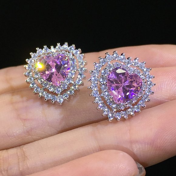 NEW Silver Pink Topaz Heart Diamond Halo Earrings - Picture 2 of 3